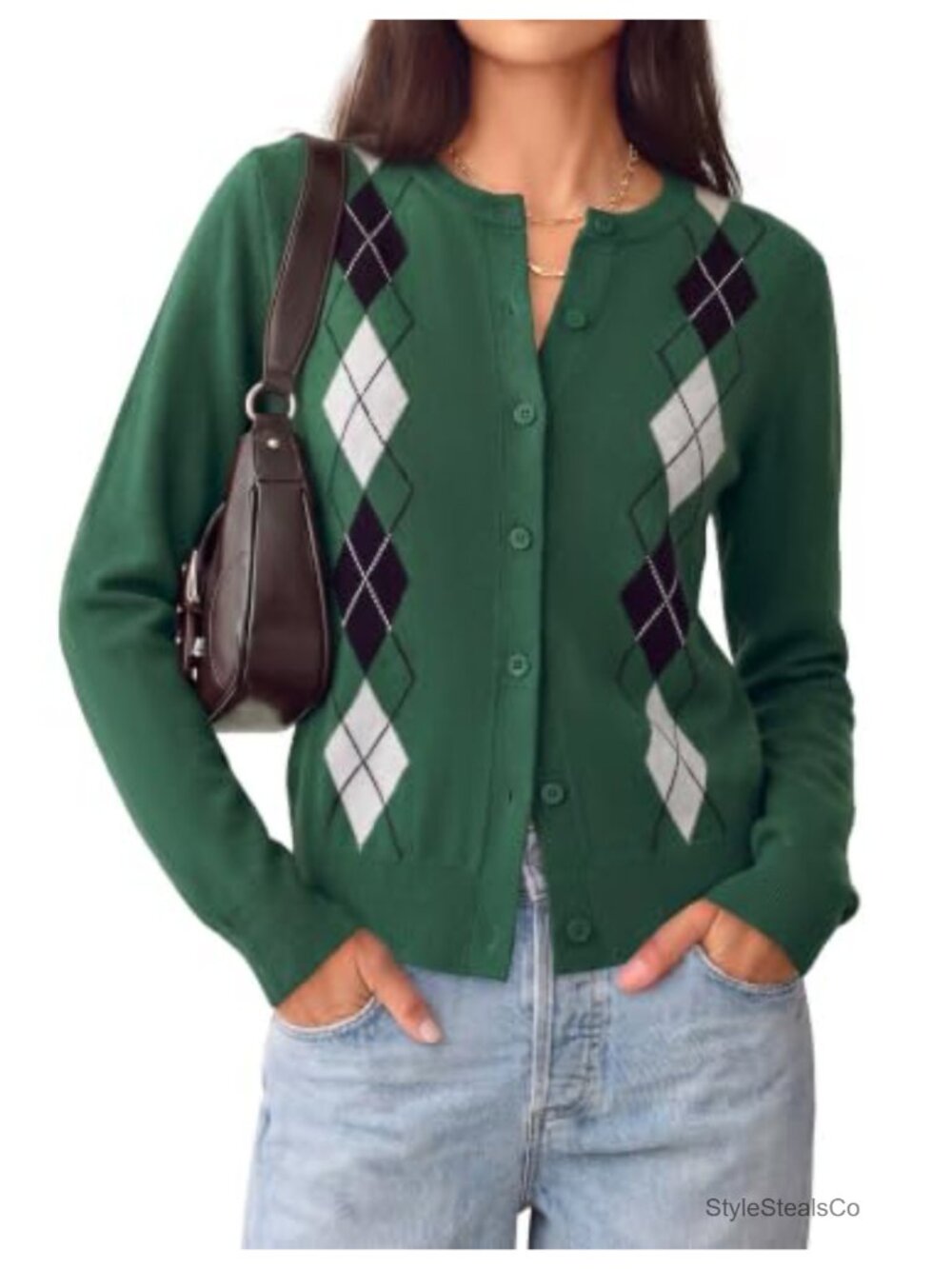 Argyle Cardigan Button Up Crewneck Knit Sweater Teacher Fall Layer